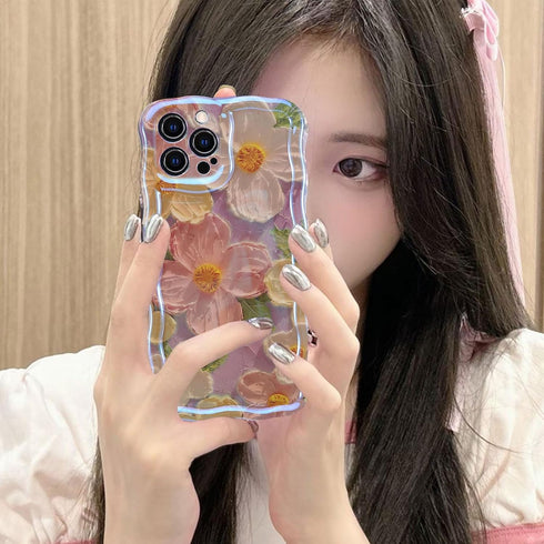 Jusy Oil Painting Flower Pink Compatible iPhone 11 Pro Max Case, Colorful Retro Floral Cute Curly Wave Cover