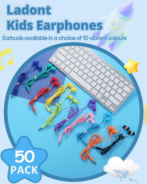 50 Pack Set 3.5mm Bulk Earbuds for Kids, Classroom Earbuds, Affordable in-Ear with Jack, Wired Headphones