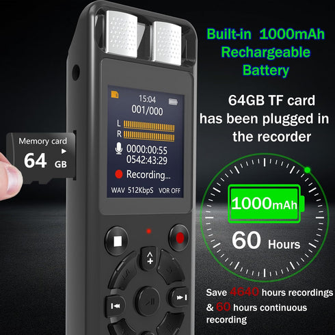 Aiworth 64GB OTG,4640 Playback,MP3 Digital Voice Activated Recorder for Lectures&Meetings,Phone Connected via Hours