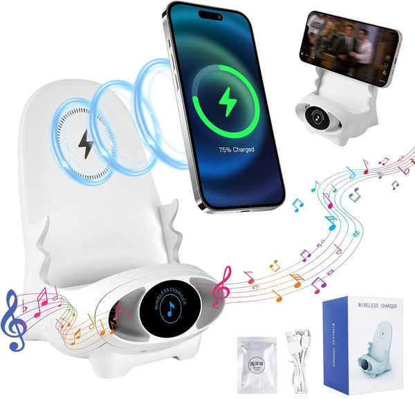 Mini Chair Wireless Fast Charger, Portable 3 in 1 Phone Holder Stand, Charging Desktop Cellphone Stand with Speaker