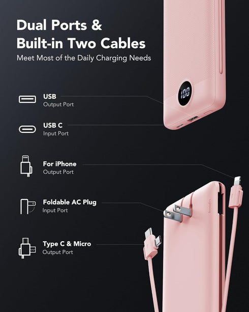 VRURC Portable Charger Power Bank with Wall Plug, 10000mAh with Built-in Cables, PD 20W Fast Charging