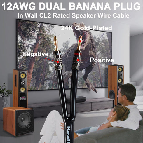 12AWG Speaker Cable (6 Feet), 1 Pack Premium Heavy Duty Braided Wire with Dual Gold Plated Banana Plug, CL2 Rated