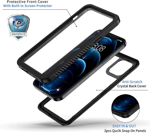 Lanhiem Waterproof Dustproof Shockproof Case for iPhone 12 - Built-in Screen Protector, Full Body Cover, Black