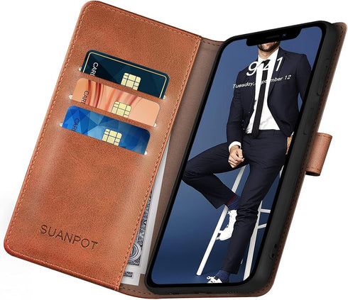 SUANPOT Leather Wallet Case for iPhone 11 6.1 inch (Non 11 Pro 5.8"), RFID Blocking Credit Card Holder, Flip Book Phone