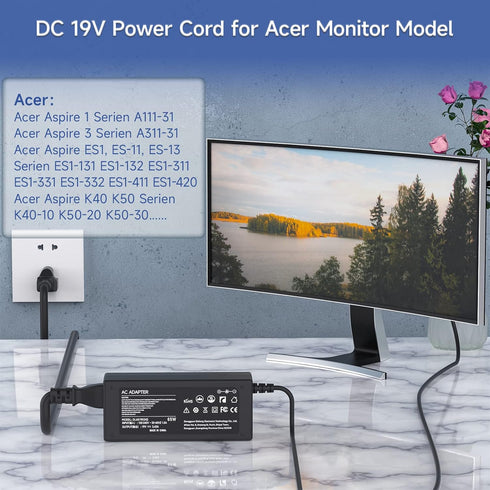 19V 65W AC Adapter Power Cord, Compatible with Acer LCD Monitor SA370 H226HQL and More Series