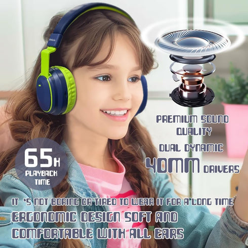 Kids Headphones Bluetooth 5.3 Wireless, 60H Play Time, Volume Limited Over Ear Foldable Headset with Aux Mic (Deep Blue)