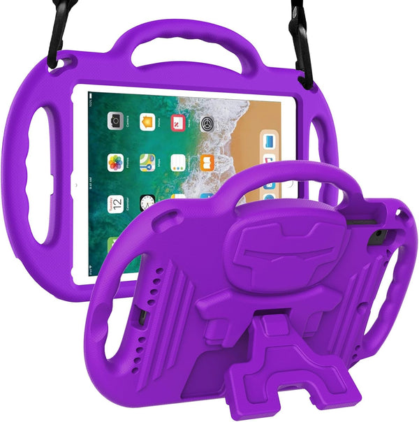 LTROP Kids Case for iPad 5th/6th Generation & Air 2, Shockproof Bumper Cute Kid Case with Shoulder Strap (Purple)