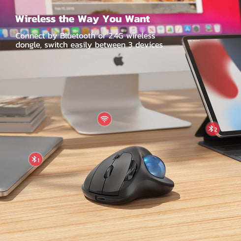 Nulea M501 Wireless Trackball Mouse, Rechargeable Ergonomic, Easy Thumb Control, 3 Device Connection