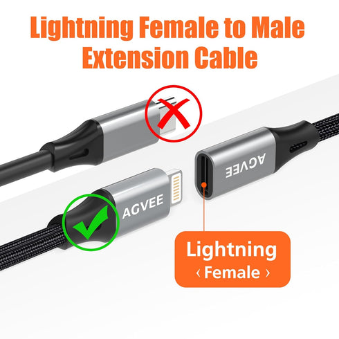 AGVEE [2 Pack 3.3ft Extension Cable Braided Female to Male Lightning Extender Cord Compatible with iPhone Pad Charger, Data Sync Video Audio & Charging Connector Adapter, Dark Gray
