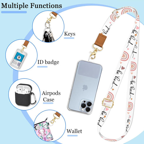Phone Lanyard Wrist Strap Crossbody, Be Kind Adjustable Phone Strap for Around The Neck, Rainbow Cute Lanyard (Black)