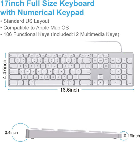 USB Wired Keyboard with Numeric Keypad - Ultra-Slim Aluminum Full Size Computer Keyboard for Mac Pro, MacBook Pro/Air,