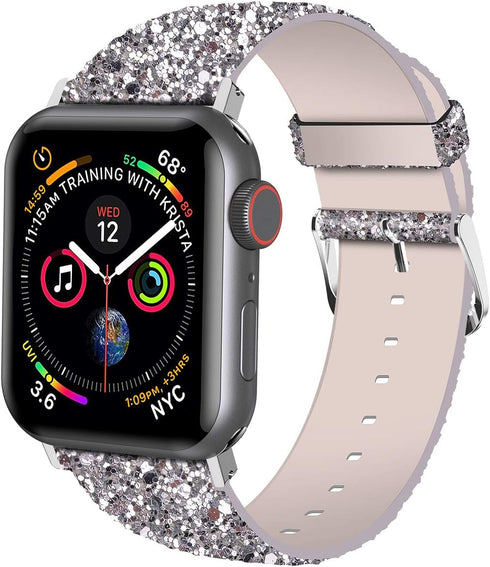 iiteeology Compatible with Apple Watch Band 46mm 45mm 44mm 42mm, Glitter Shiny Bling Leather Band for iWatch Series