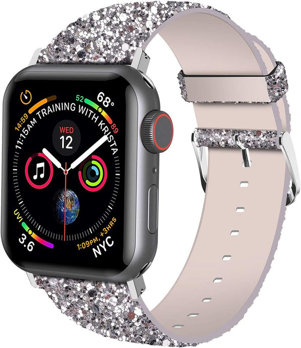 iiteeology Compatible with Apple Watch Band 46mm 45mm 44mm 42mm, Glitter Shiny Bling Leather Band for iWatch Series