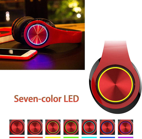Bluetooth Headphones Over Ear Headphones with Deep Bass LED Foldable Stereo Headphones, Wired and Wireless Headset for Smart Phone/TV/PC(Red/Black)