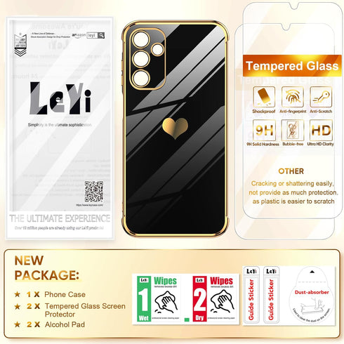 LeYi Love Heart Plating Women Cute Luxury Soft TPU Shockproof Case for Samsung Galaxy A15 5G with Tempered Glass Screen