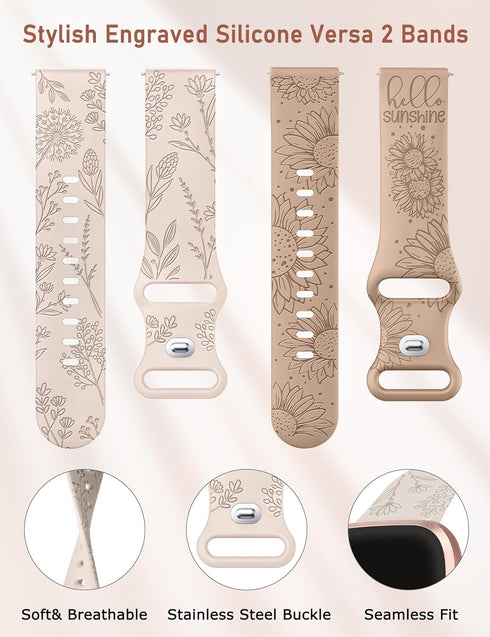 Minyee 2 Packs Floral Engraved Band, Soft Silicone Sunflower Dandelion Sport Designer Strap for Fitbit Versa 2 Women