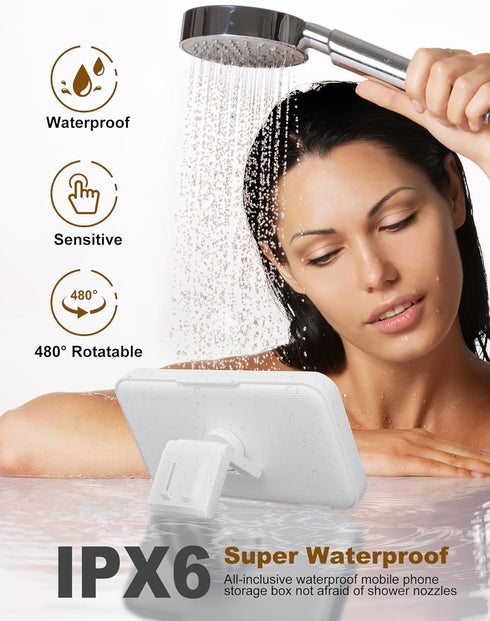 Upgraded Shower Phone Holder Waterproof with Speaker Hole Screentouch Shower Phone Stand Case Mount for Bathroom Bathtub Kitchen Wall Mirror for iPhone 15 14 13 12 11 Pro XS XR Max (White)