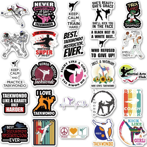 Taekwondo Stickers, 50 Pcs Martial Arts Black Belt Self-Protection Decals for Laptop, Water Bottle, and Party Supplies