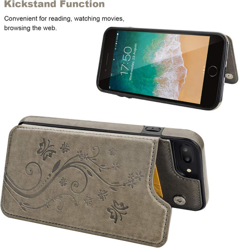 Vaburs iPhone 7 Plus/8 Plus Case Wallet with Card Holder, Embossed Butterfly Premium PU Leather Flip Cover (5.5", Gray)