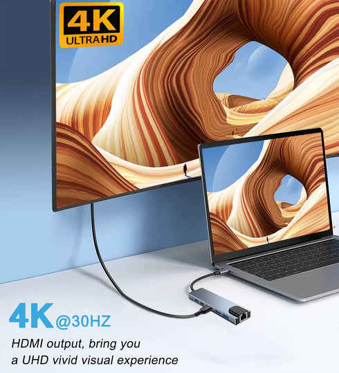 MVBOONE 6 1 4K in Type C to HDTV Adapter, USB C Hub with LAN Port, HDMI Output USB C Adapter Compatible with MacBook