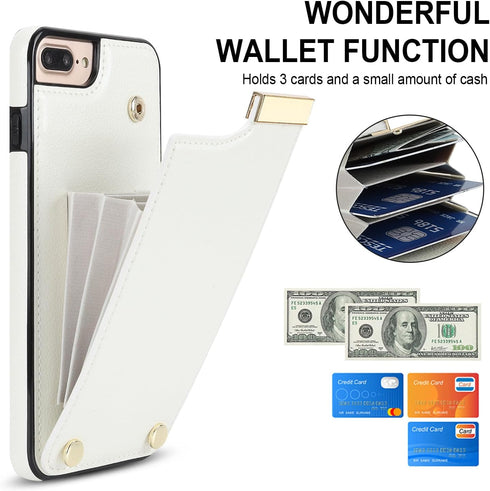 Asuwish iPhone 7/8 Plus Wallet Case with Tempered Glass, Leather Purse, Credit Card Slot - White for Women.