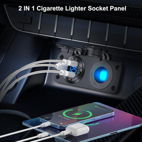 12V USB Outlet Marine Switch Panel Plug, PD3.0 Dual QC3.0 USB Ports Aluminum Car Charger with LED Voltmeter Power Switch