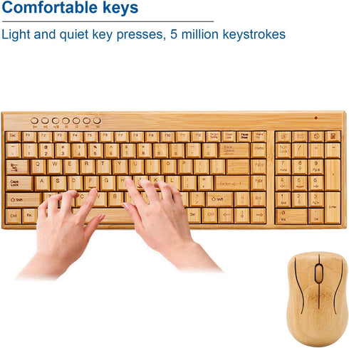 Bamboo Keyboard and Mouse, 2.4GHz Computer Devices with USB Receiver, Optional 1200DPI Mouse