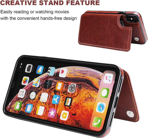 iPhone Xs Max Wallet Case, OT ONETOP Premium PU Leather with Card Holder, Brown, 6.5 Inch