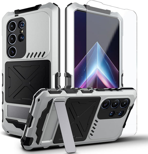 Heavy Duty Metal Aluminium Bumper Case for Samsung Galaxy S24 Ultra with Built-in Screen Protector, Military Grade
