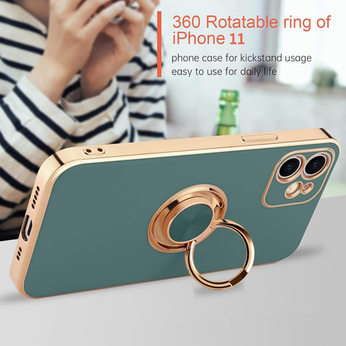 iPhone 11 Phone Case with 360° Rotatable Finger Ring Holder, Magnetic Shiny Gold Plated Edge, Shockproof Soft TPU