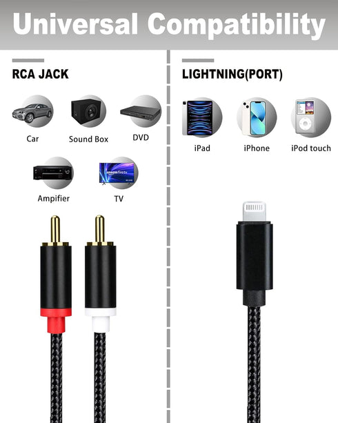 Lightning to RCA Audio Cable, 2-Male Y Splitter Aux Cord for iPhone 14 13 12 11 Pro, 10FT for Amplifier