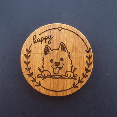 LONMAIX 16GB Round Walnut Wood USB Flash Drive - Laser-Engraved Cute Dog Design, Gift & Party Favor