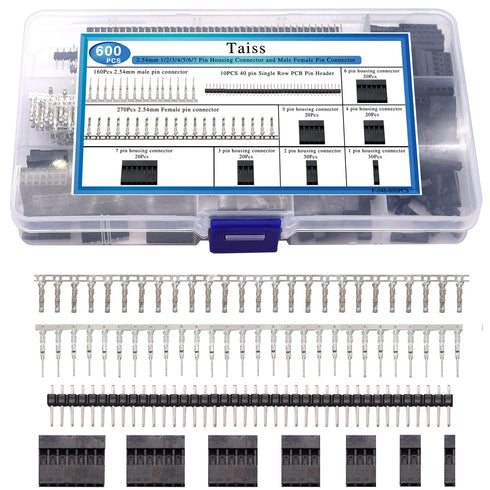 Taiss 600PCS Dupont Connector Kit, 2.54mm 1/2/3/4/5/6/7 Pin Housing Connector and Male Female Crimp Pin