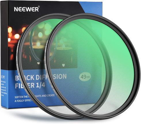 NEEWER 2 Pcs 49mm Black Diffusion Lens Filter Kit, 1/4 & 1/8 Mist Filters with Storage Cases and Cleaning Cloths