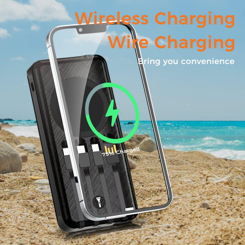 Outdoor Solar Portable Power Bank with Wireless Charging, 10000mAh Battery, IP65 Waterproof