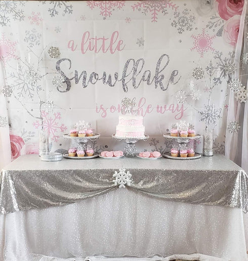 Mocsicka Snowflake Baby Shower Backdrop, Winter Wonderland Photography Background, Pink & Silver Snowflakes