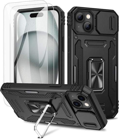 Maxdara iPhone 15 Case, Black with Front Glass Protector, Slide Camera Cover & Rotating Kickstand for 6.1" iPhone 15.