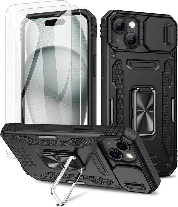 Maxdara iPhone 15 Case, Black with Front Glass Protector, Slide Camera Cover & Rotating Kickstand for 6.1" iPhone 15.