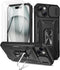 Maxdara iPhone 15 Case, Black with Front Glass Protector, Slide Camera Cover & Rotating Kickstand for 6.1" iPhone 15.
