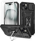 Maxdara iPhone 15 Case, Black with Front Glass Protector, Slide Camera Cover & Rotating Kickstand for 6.1" iPhone 15.