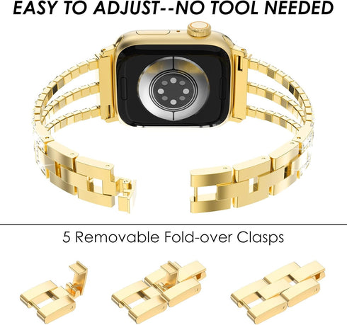 Surace Gold Apple Watch Bands 45mm for Women, Bling Diamond Rhinestone Link Bracelet with 2 in 1 Waterproof Case
