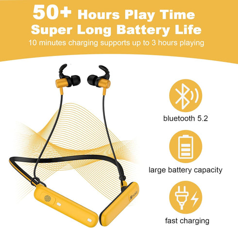 Hmusic Wireless Bluetooth Neckband Headphones, 50H~80H Playtime, IPX7 Waterproof Earphones for Jobsite, Sports, Yellow
