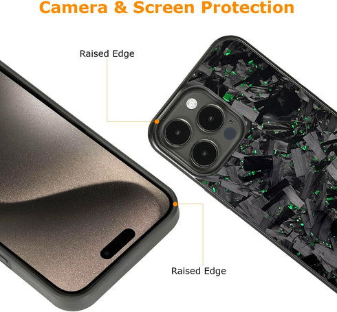 molzar Grip Series Case for iPhone 15 Pro Max with Real Forged Carbon Fiber, Glossy Black/Green
