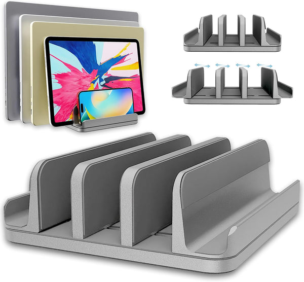 Vertical Laptop Stand Holder, 5 Slots, Aluminum Space-Saving Dock, Adjustable Size for Apple