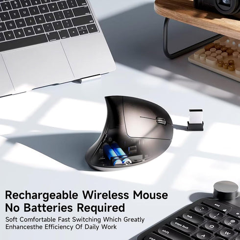 Stylish Ergonomic Optical Wireless Mouse, Rechargeable 2.4G Vertical Mice, Cordless with USB Receiver, 800/1200/1600