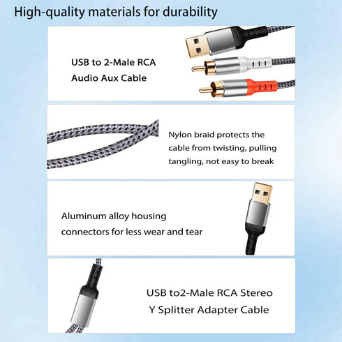 USB to RCA Cable Audio Aux Adapter, 6.6FT HiFi Stereo Y Splitter for USB A Laptop, Linux, Windows, Desktops