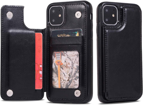 UEEBAI Case for iPhone 11, Luxury PU Leather with Magnetic Clasp, Card Slots, Stand Function, Black