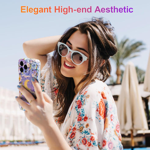EYZUTAK iPhone 13 Pro Max Case, Colorful Retro Oil Painting Flower Moon Pattern, Stylish Durable TPU Cover - Purple