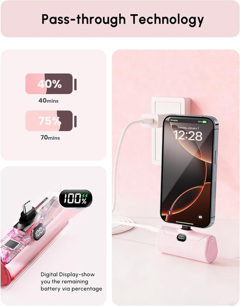 L.LYFOVR 5000mah 17,Type-c Pack 16/Samsung/Android Lightweight Pink USB C Power Bank Portable Charger with Kickstand