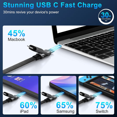 4 in 1 Multi Charging Cable, PD 60W Fast Charging USB C Multi Charger Cable, Zinc Alloy Flat Braided with Velcro Strap